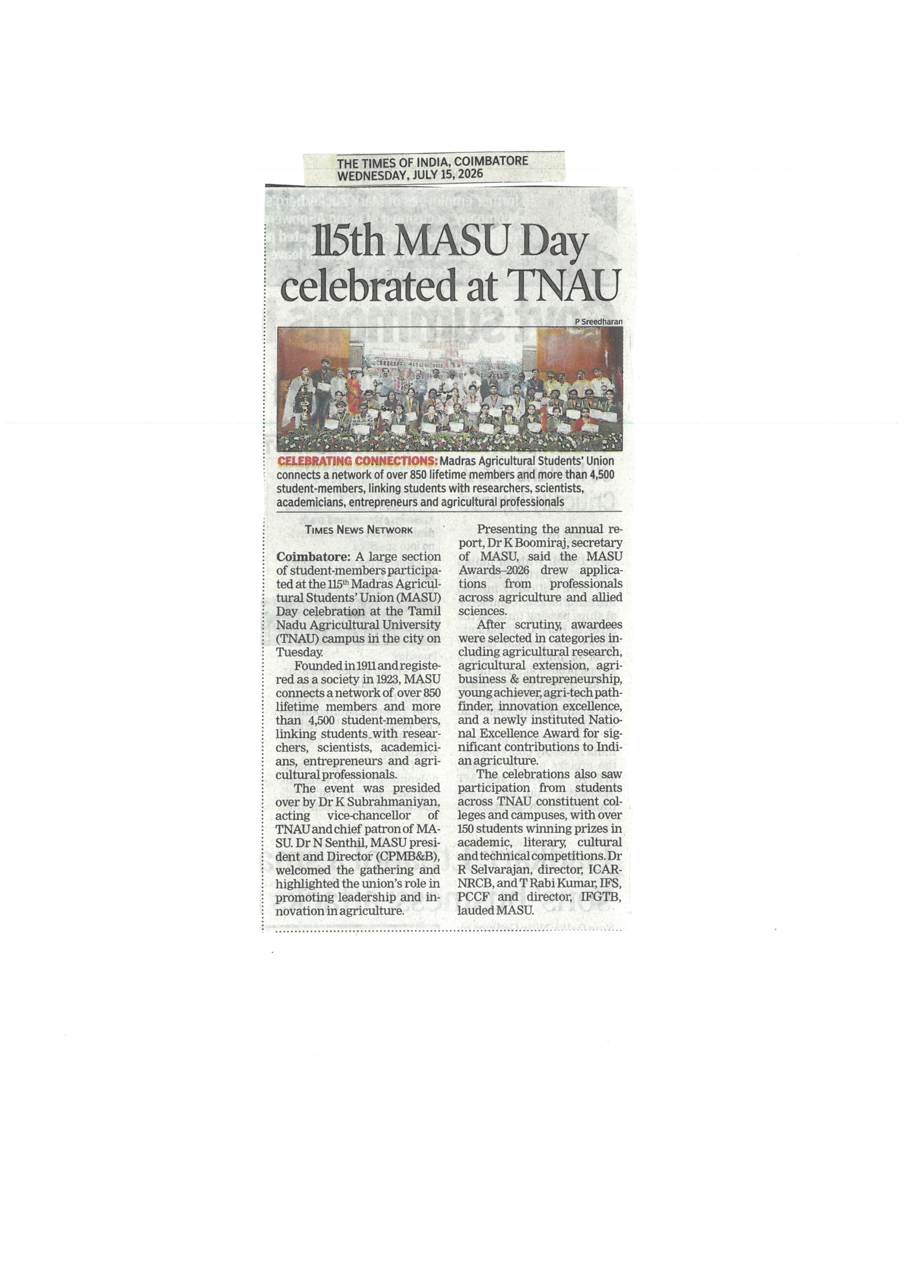 115th MASU Day Celebration Featured in Dinamalar